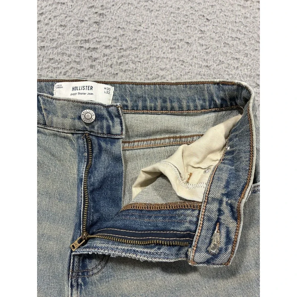 Hollister Jeans Mens 30x32 Blue Denim Baggy Skater Flame Dice Logo Streetwear